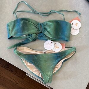 PQ Swim Bikini- Blue Haze Bandeau with Ruched Full coverage bottoms NWT